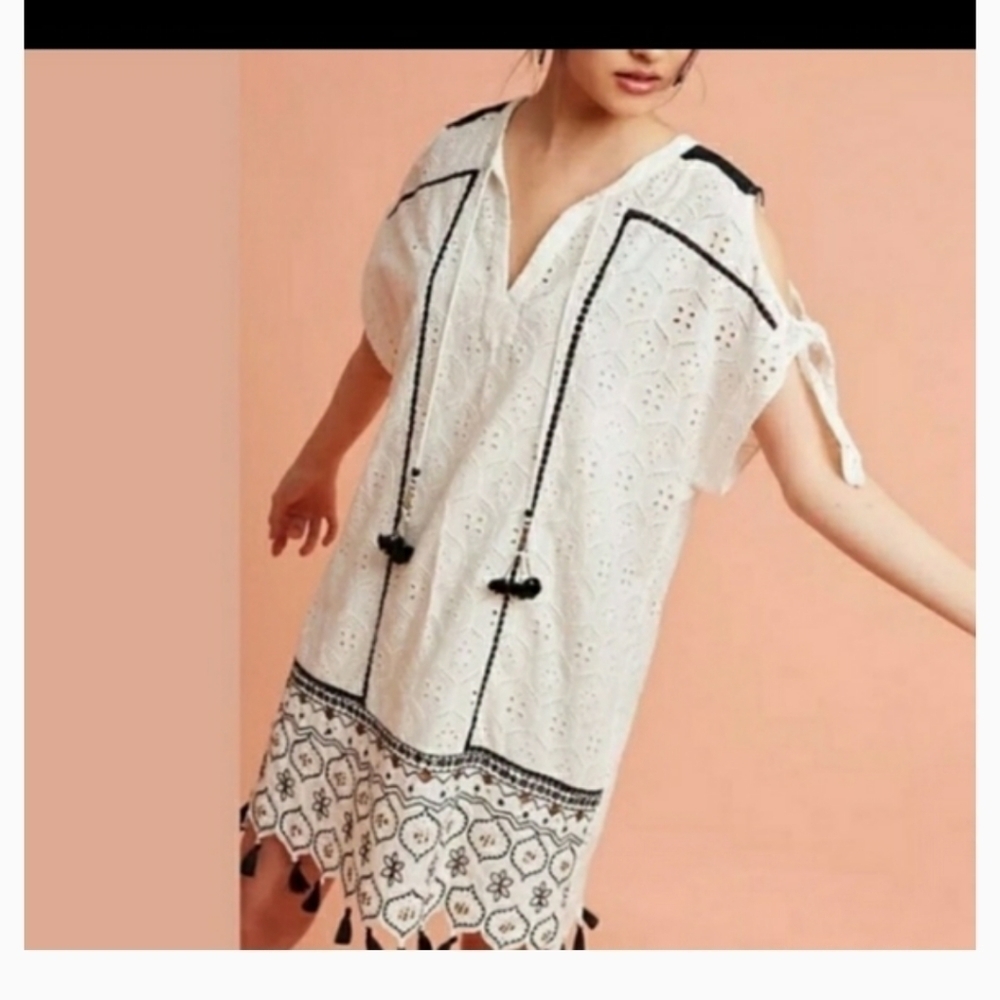 Hemant & Nandita eyelet tunic dress tassels cream